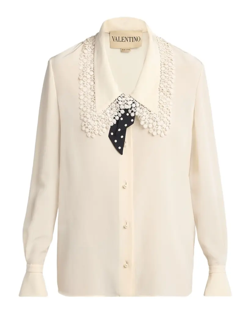 Valentino Garavani Lace-Trim Button-Down Silk Blouse With Polkadot Tie