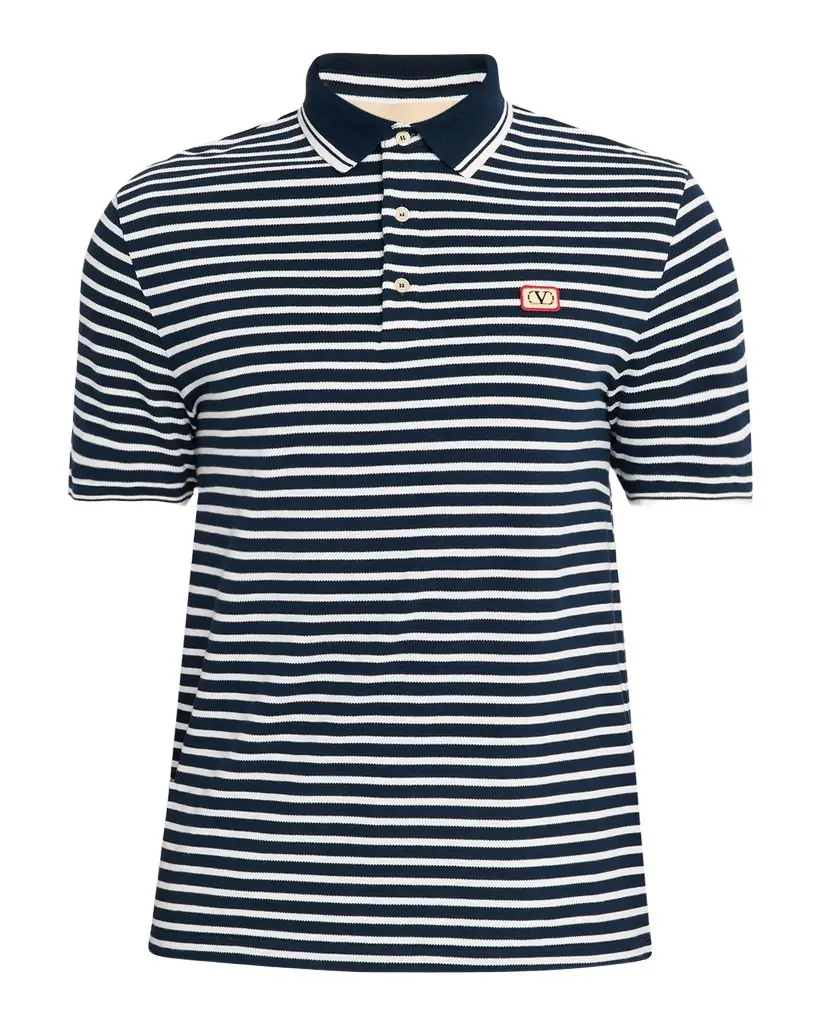 Valentino Garavani Men 's Stripe Cotton Pique Polo Shirt with VLogo Patch