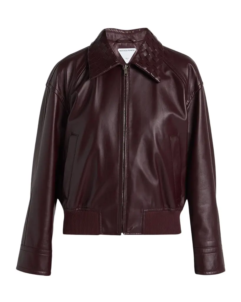 Bottega Veneta Intrecciato Collar Leather Bomber Jacket