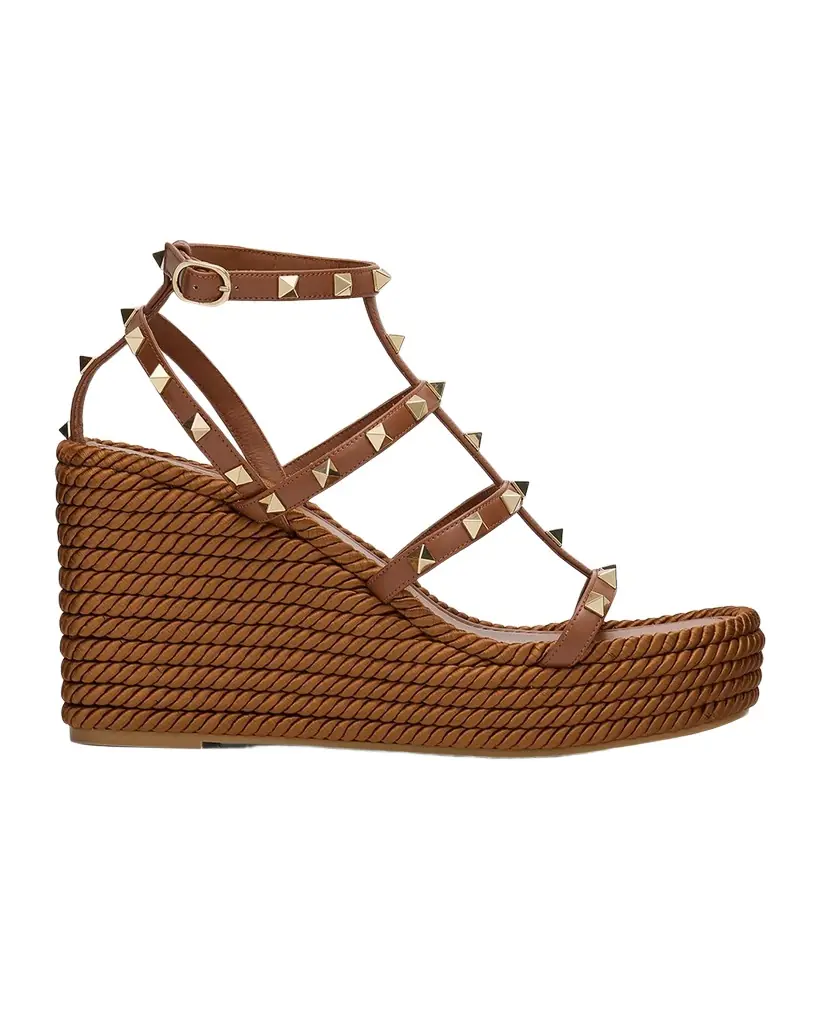 Valentino Garavani 95mm Rockstud Leather Wedge Espadrille Sandals