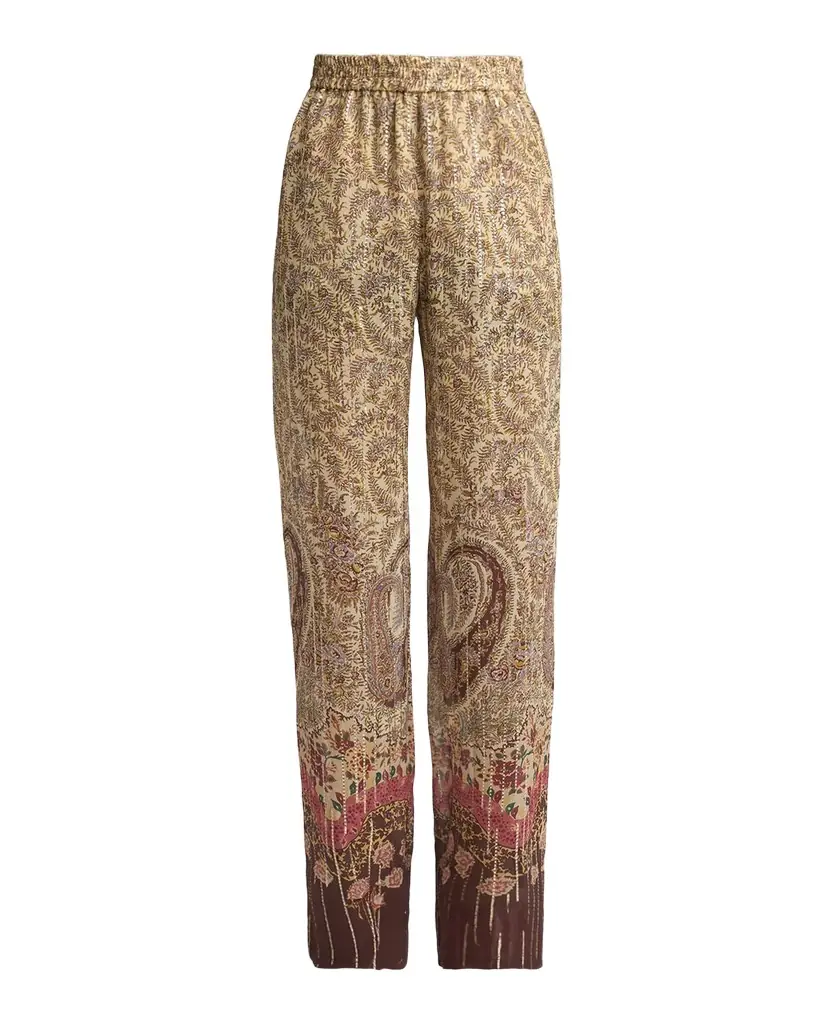Valentino Garavani Paisley Metallic Silk Straight-Leg Pull-On Pants