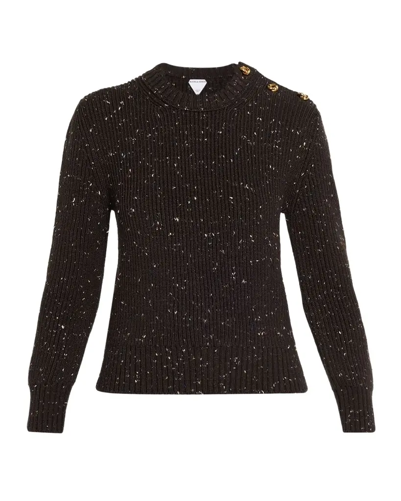 Bottega Veneta Button-Shoulder Speckled Rib Crewneck Sweater