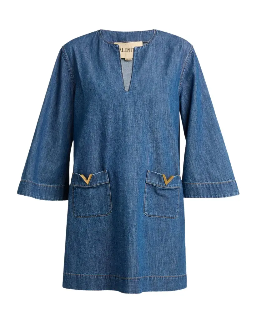 Valentino Garavani V-Logo Denim 3/4-Sleeve Mini Dress