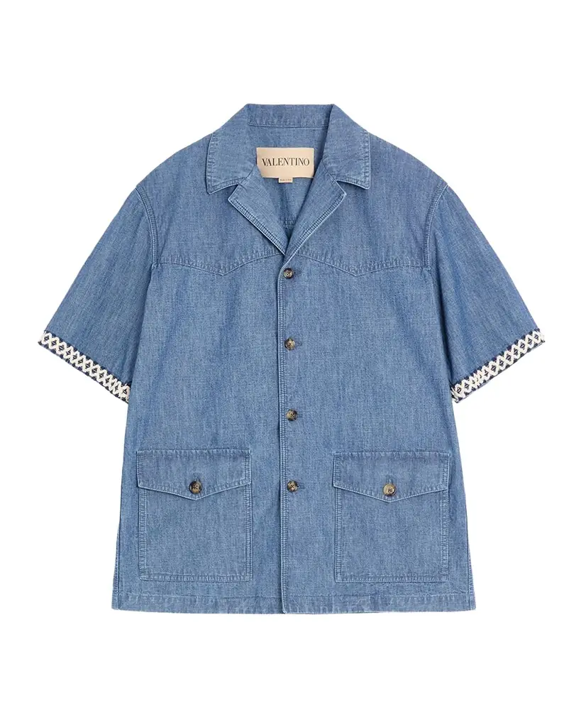 Valentino Garavani Men 's Denim Embroidered-Trim Short-Sleeve Shirt