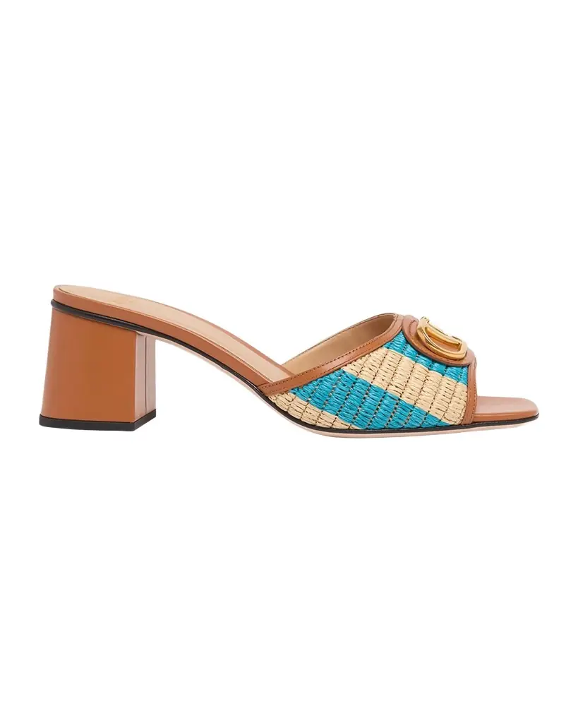 Valentino Garavani 60mm VLogo Signature Striped Raffia and Leather Mule Sandals