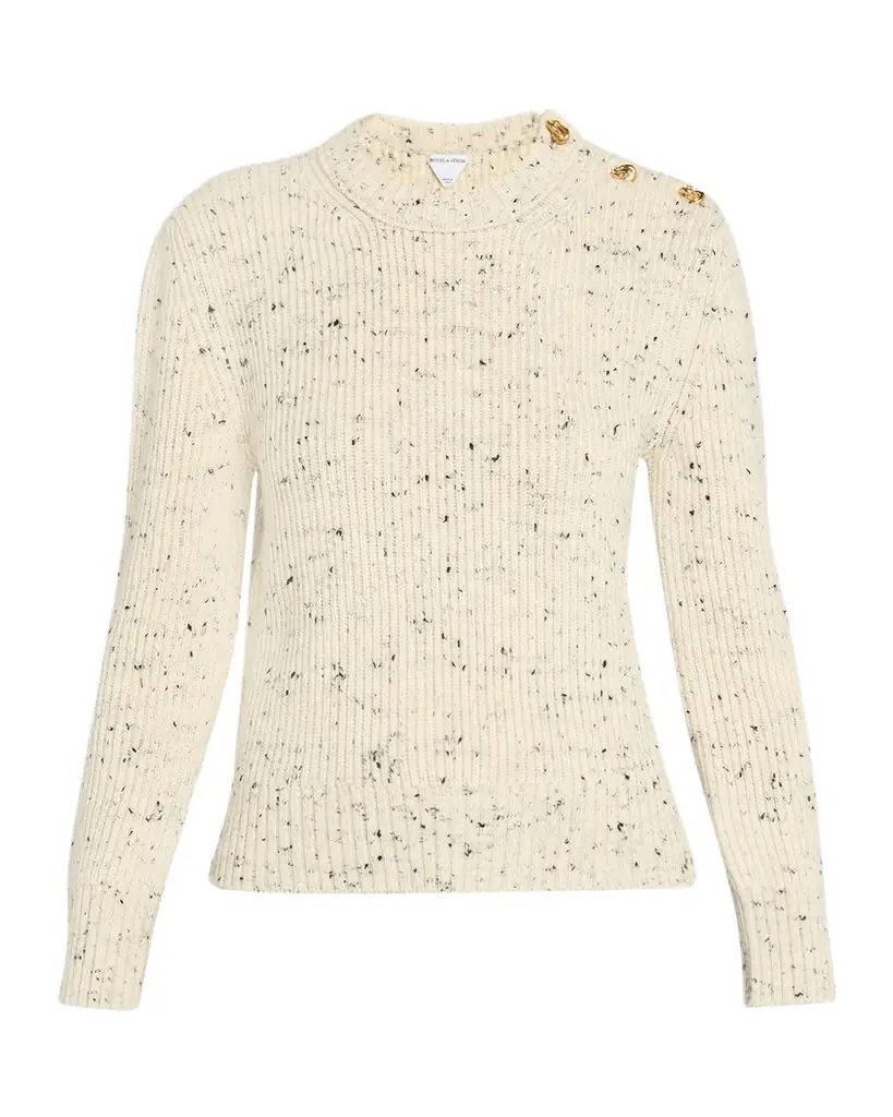 Bottega Veneta Button-Shoulder Speckled Rib Crewneck Sweater