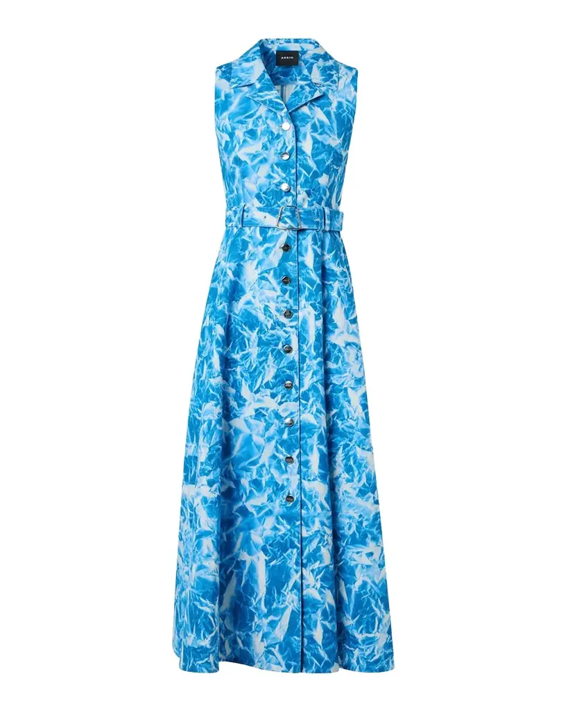 Akris Whitecaps Print Denim Belted Midi Shirtdress