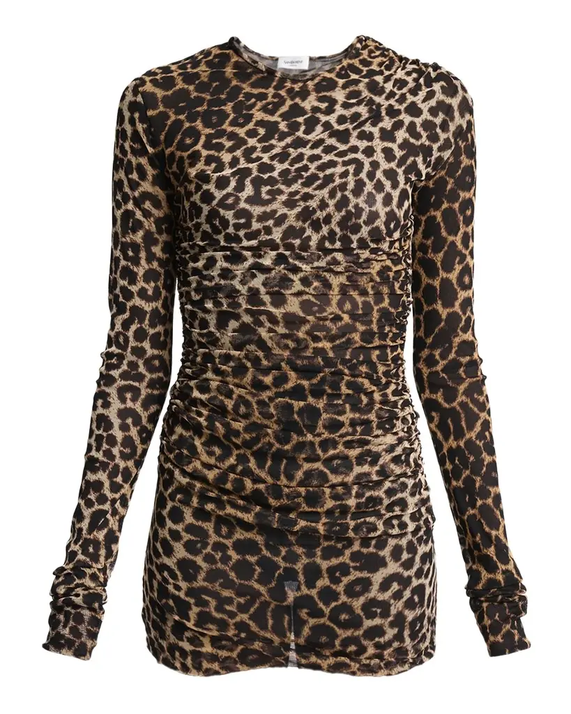 Saint Laurent Leopard-Print Ruched Long-Sleeve Mini Dress