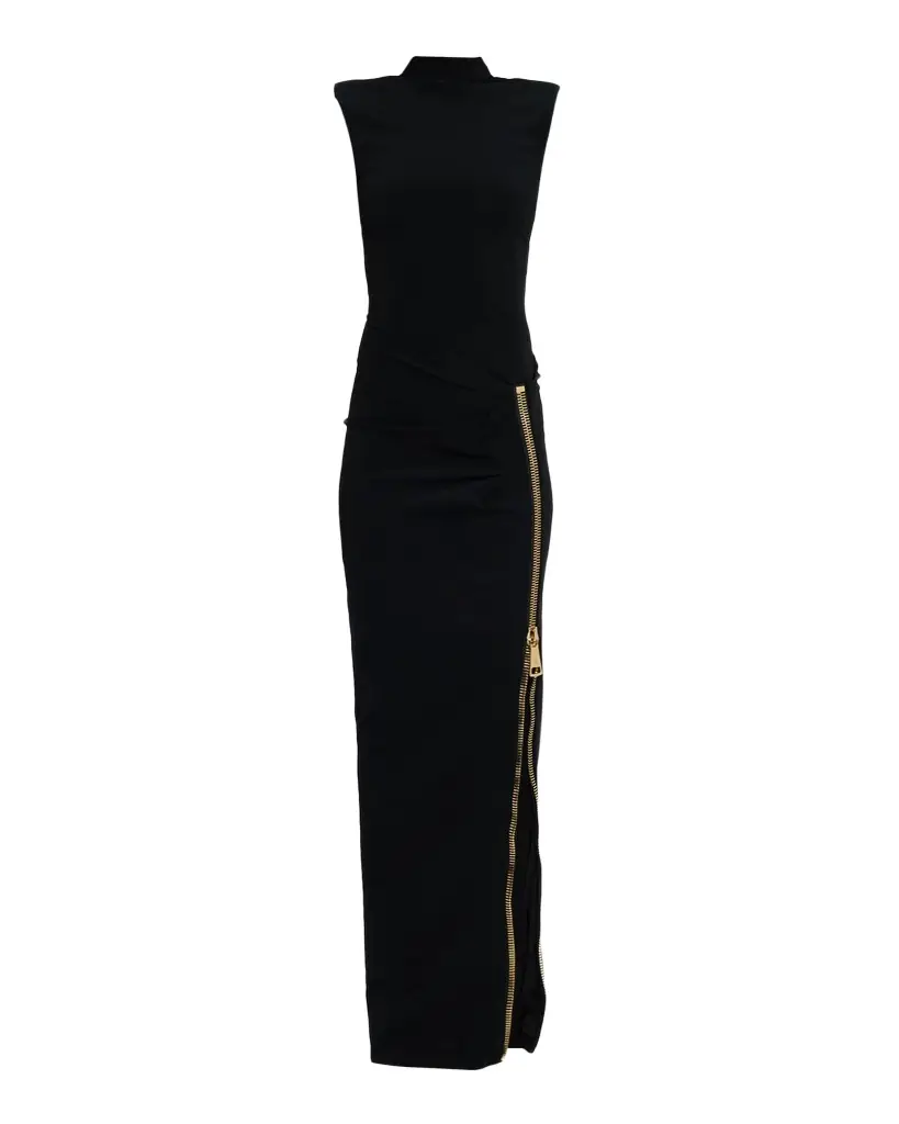 Balmain Mock-Neck Zip Slit Sleeveless Gown
