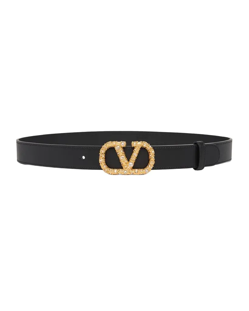 Valentino Garavani VLogo Signature Crystal-Embellished Leather Belt, 30mm