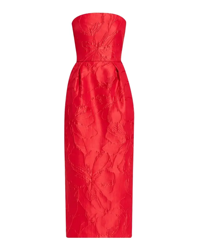 Monique Lhuillier Strapless Rose Jacquard Midi Dress