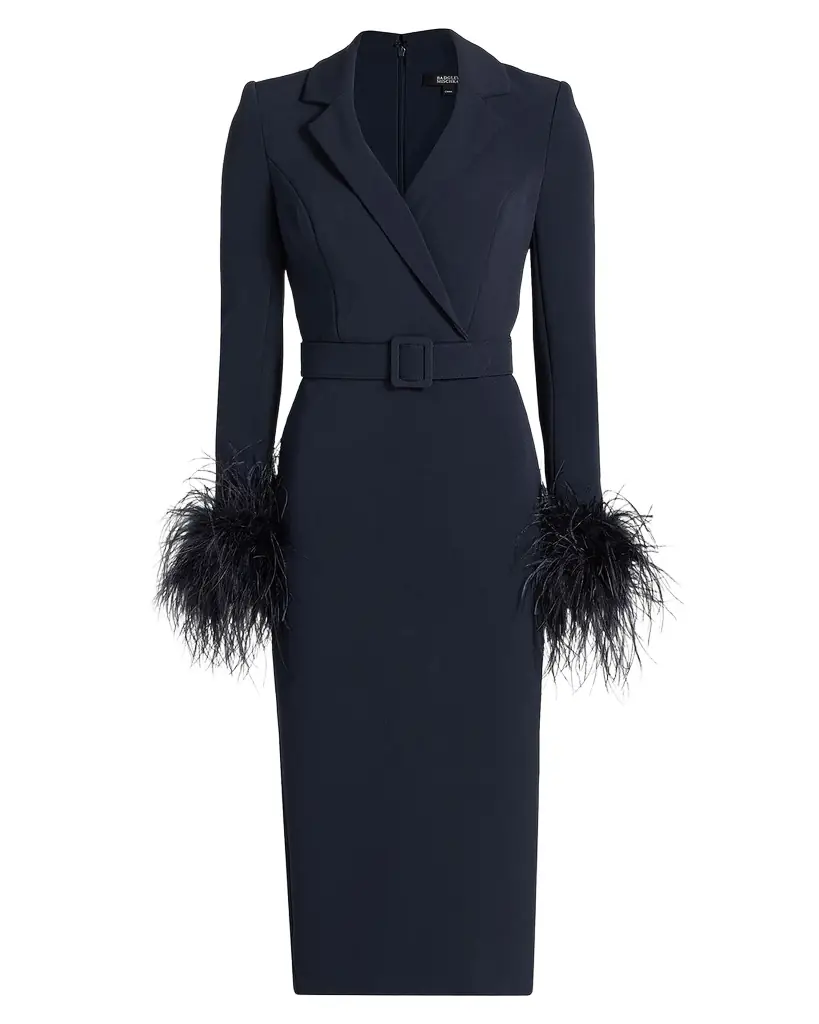 Badgley Mischka Belted Feather-Cuff Midi Sheath Dress