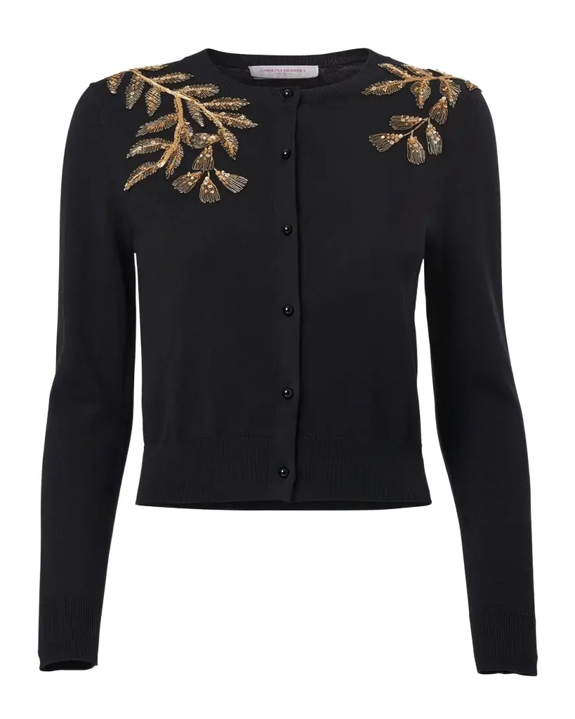 Carolina Herrera Gold Leaf-Embroidered Silk Cotton Cardigan