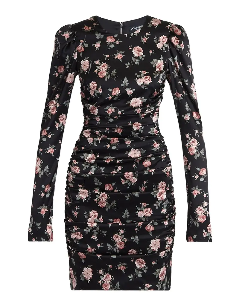 Dolce & Gabbana Small Rose Bouquets-Print Long Satin Dress