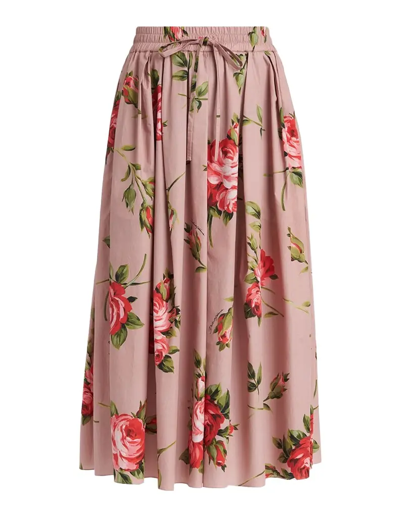 Dolce & Gabbana Rose-Print Cotton Circle Midi Skirt