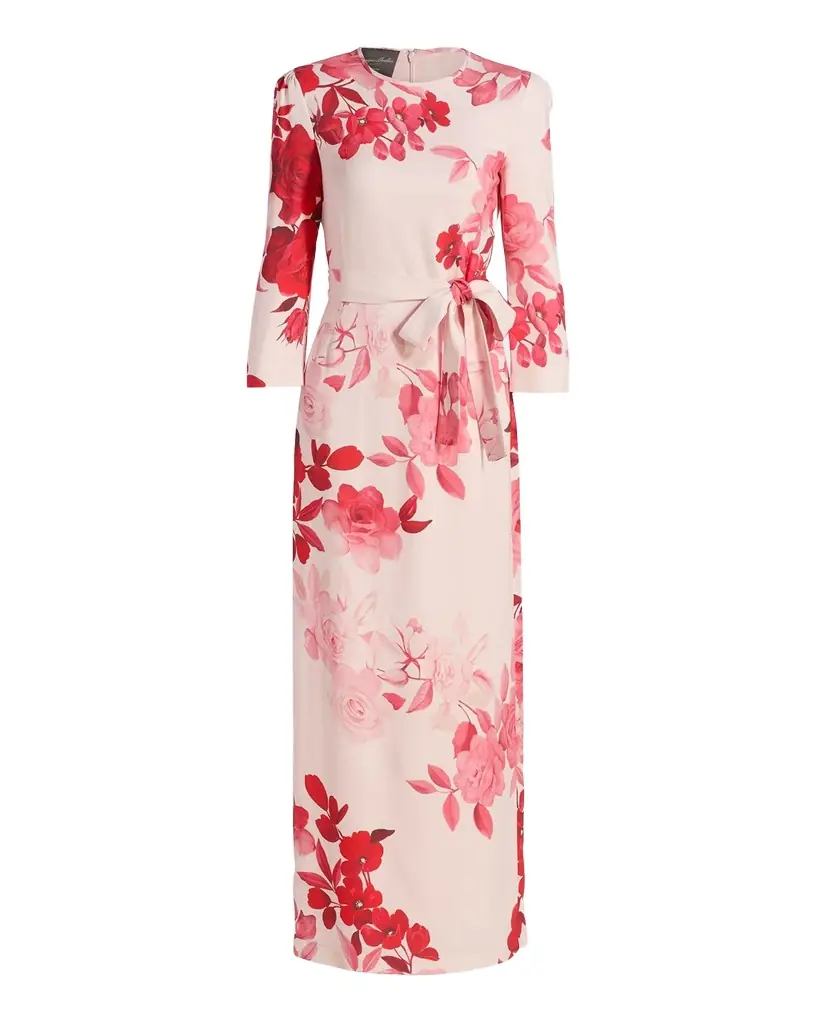 Monique Lhuillier Rose-Print Crepe Belted Bracelet-Sleeve Maxi Dress