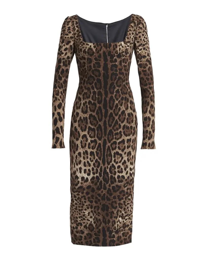 Dolce & Gabbana Leopard-Print Cady Long-Sleeve Midi Dress