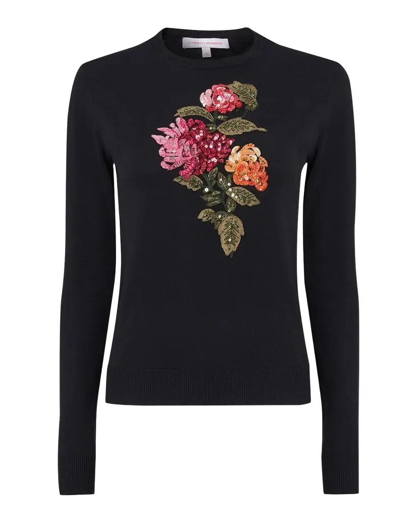 Carolina Herrera Floral Embroidered Silk-Cotton Crewneck Sweater