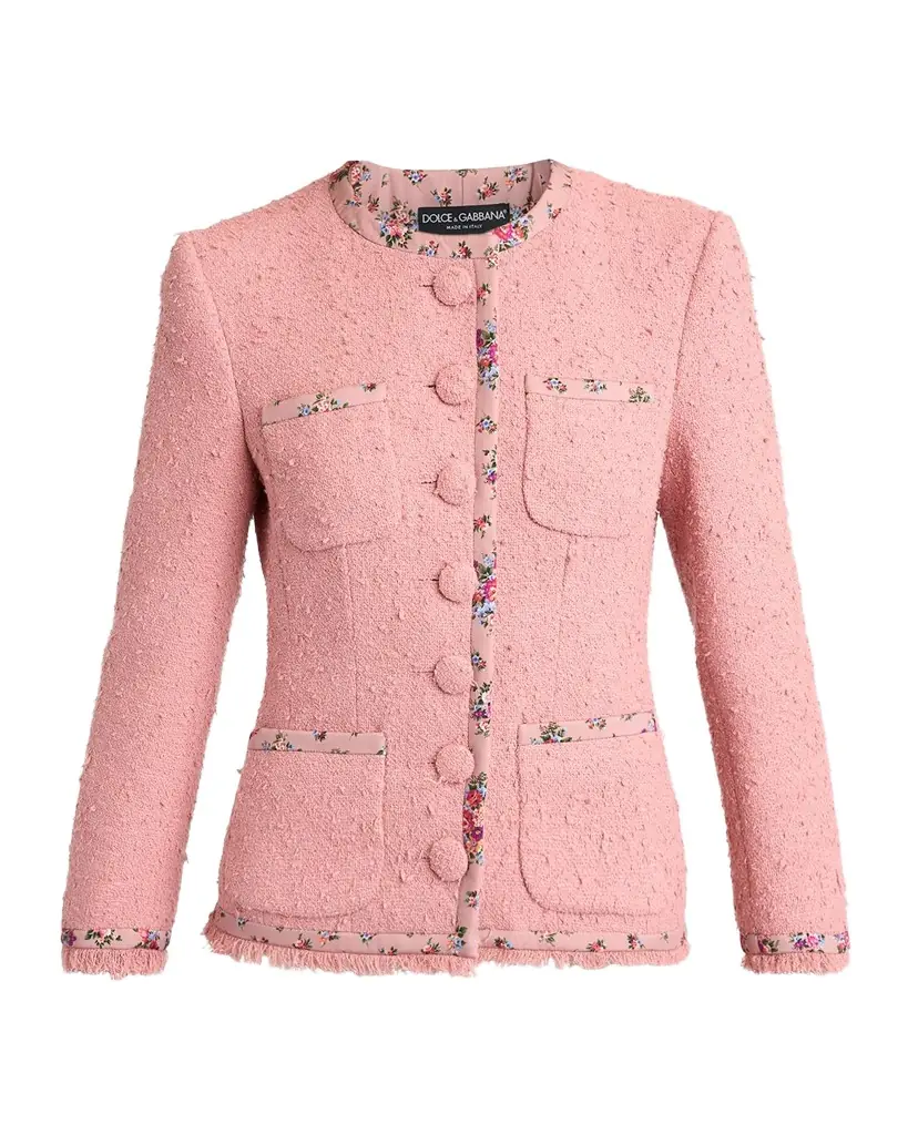 Dolce & Gabbana Floral-Trim Boucle Single-Breasted Jacket