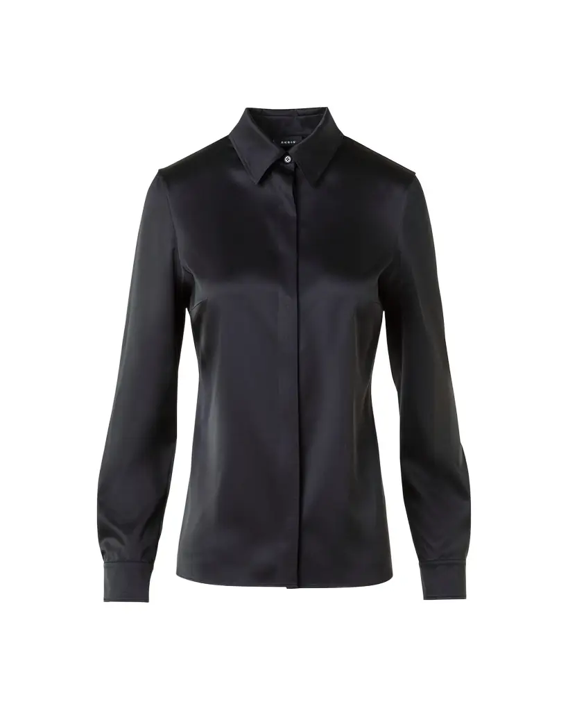 Akris Stretch Silk Satin Button-Down Blouse - Women's Clothing