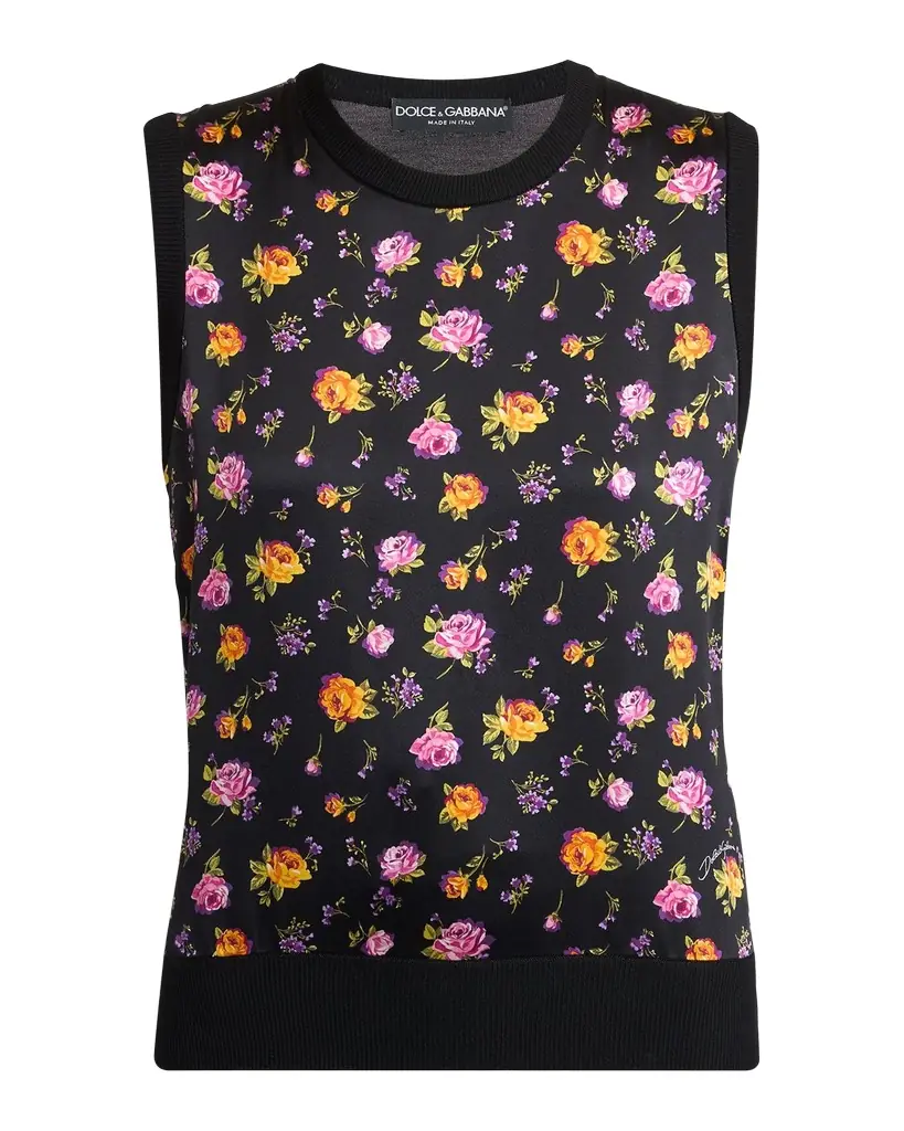 Dolce & Gabbana Small Rose Bouquets-Print Silk Tank Top