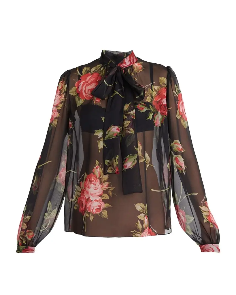 Dolce & Gabbana Rose Bouquet-Print Silk Chiffon Neck-Tie Blouse - Women's Clothing