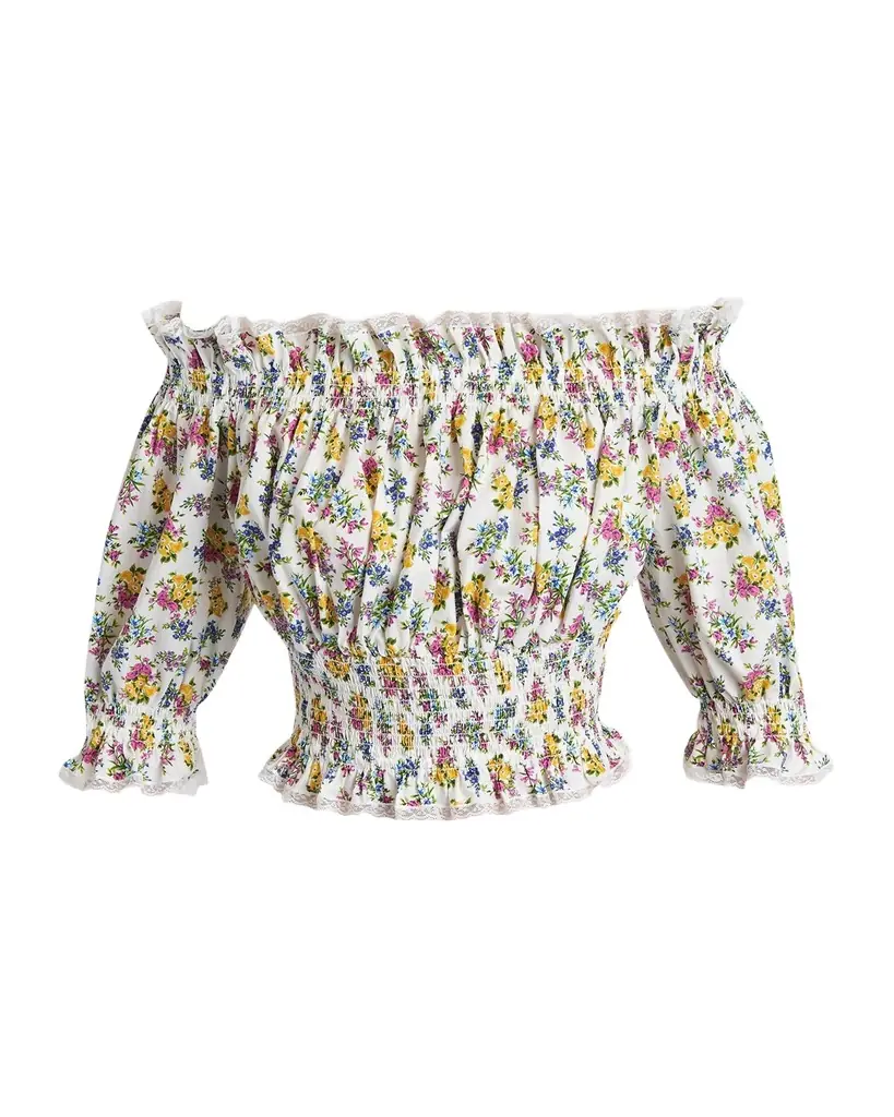 Dolce & Gabbana Off-Shoulder Smocked Floral Cotton Crop Top