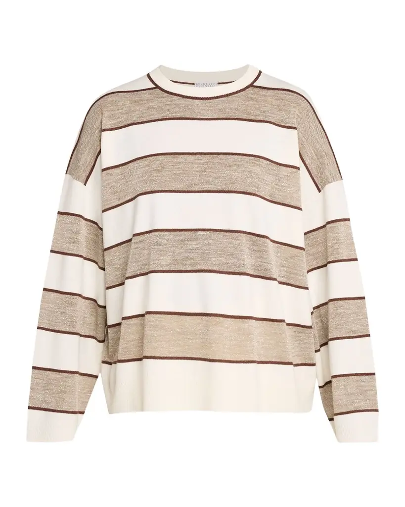 Brunello Cucinelli Shimmering Striped Wool-Cashmere Crewneck Sweater