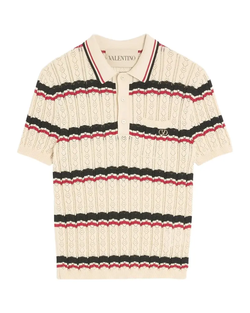 Valentino Garavani Men 's Stripe Cotton Eyelet VLogo-Pocket Polo Shirt