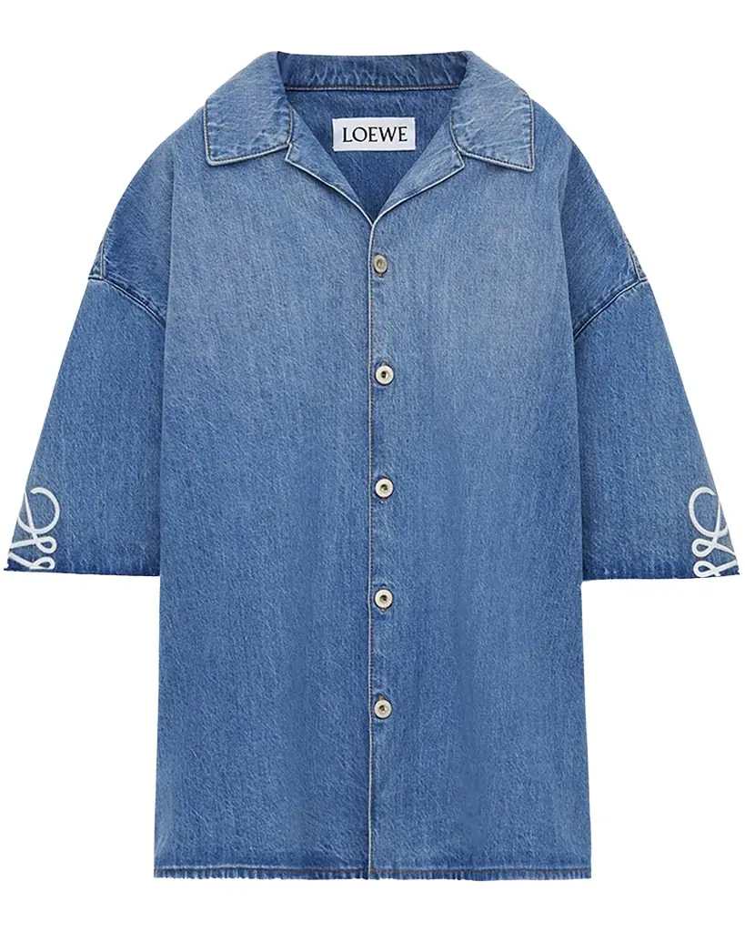 Loewe Men 's Washed Denim Anagram-Sleeve Camp Shirt