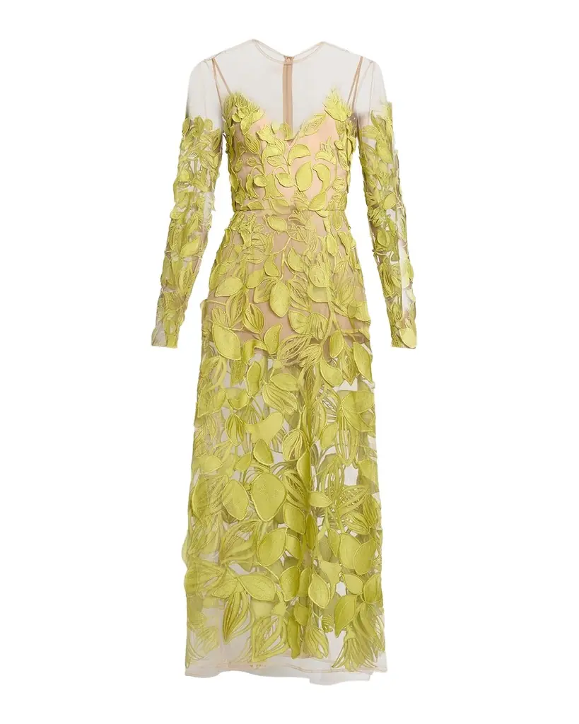 Elie Saab Embroidered Tulle Long-Sleeve Illusion Midi Dress