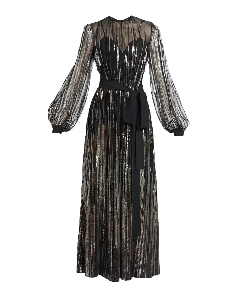 Elie Saab Sequin Embroidered Tulle Long-Sleeve Maxi Dress