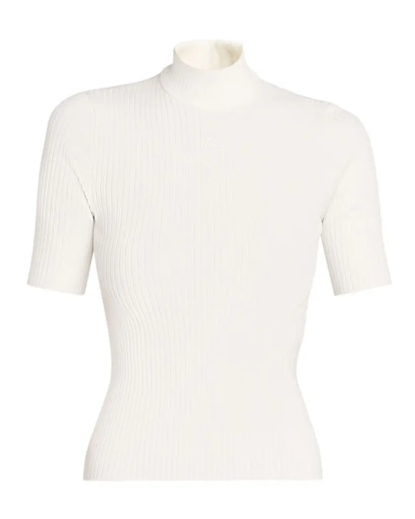 Courreges Mock-Neck Short-Sleeve Rib Pullover