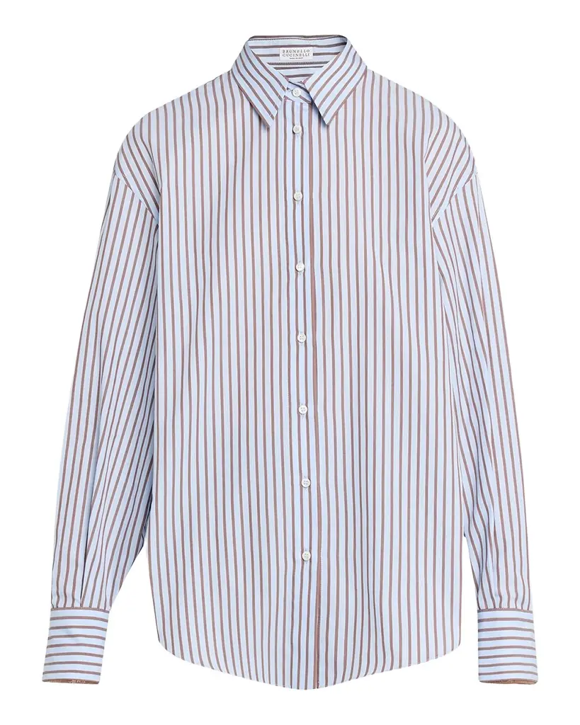 Brunello Cucinelli Monili-Trim Striped Cotton Poplin Button-Down Shirt