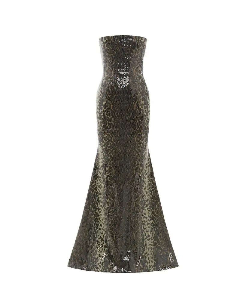 Alex Perry Strapless Leopard-Print Sequined Longline Trumpet Gown
