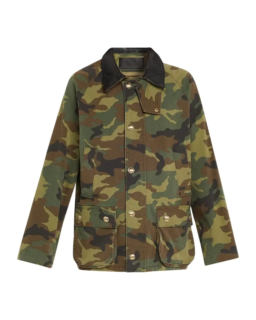 Nili Lotan Andrew Camo-Print Leather-Collar Parka Jacket