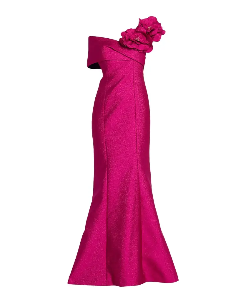 Rickie Freeman for Teri Jon One-Shoulder Floral Applique Mermaid Gown
