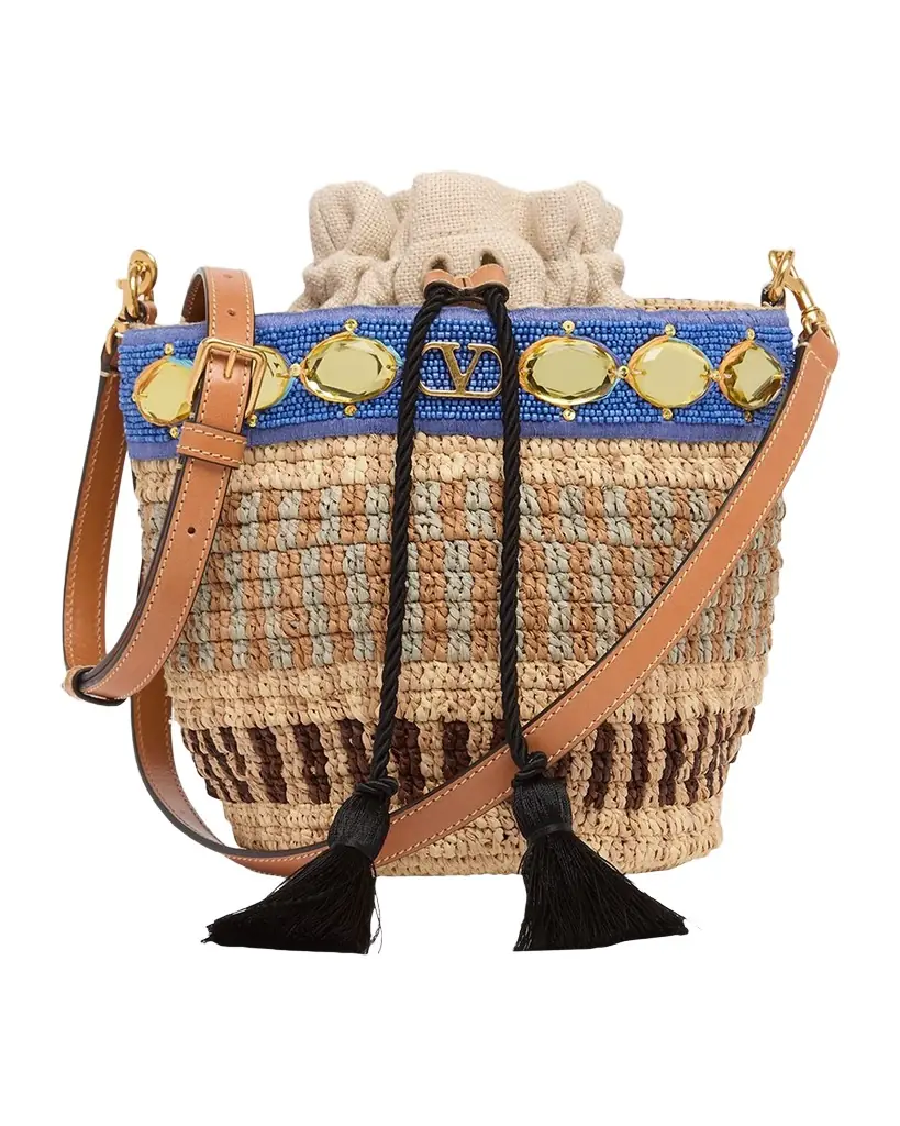 Valentino Garavani Small Viscose Raffia Beaded Bucket Bag