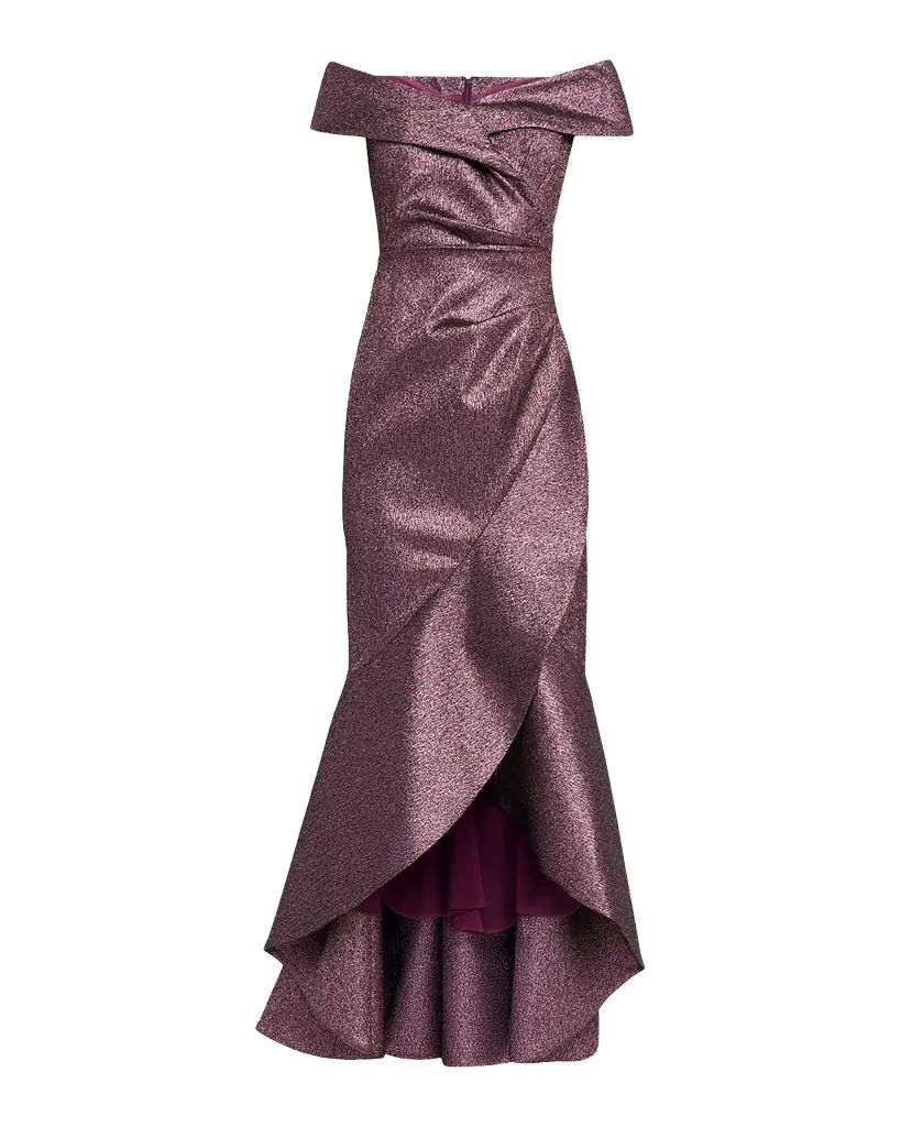 Rickie Freeman for Teri Jon Metallic Jacquard Ruffle High-Low Off-Shoulder Gown