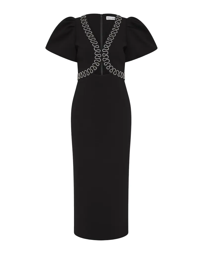 REBECCA VALLANCE Nyx Puff-Sleeve Diamante Cutout Midi Dress