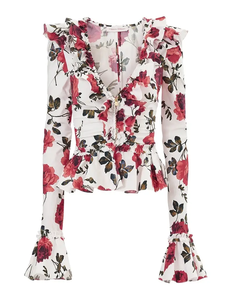Carolina Herrera Floral Ruched Ruffle Peplum Blouse