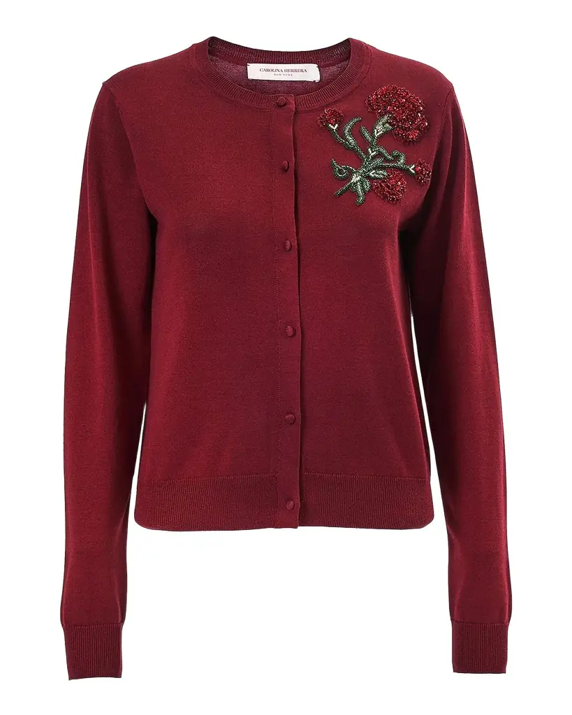 Carolina Herrera Embellished Silk-Cotton Crewneck Cardigan