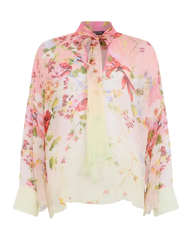 Roberto Cavalli Miami Flowers Print Chiffon Neck-Tie Blouse