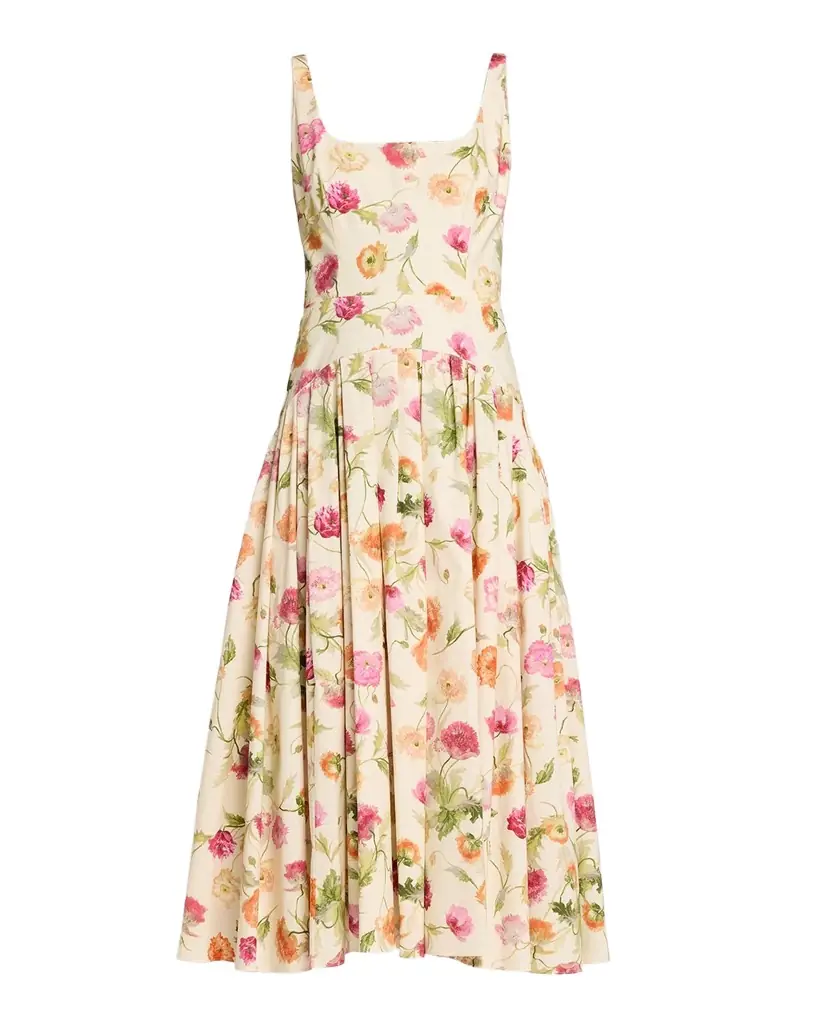 Carolina Herrera Floral Sleeveless Drop-Waist Pleated Midi Dress