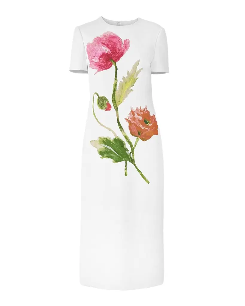 Carolina Herrera Flower-Print Crepe Short-Sleeve Midi Dress