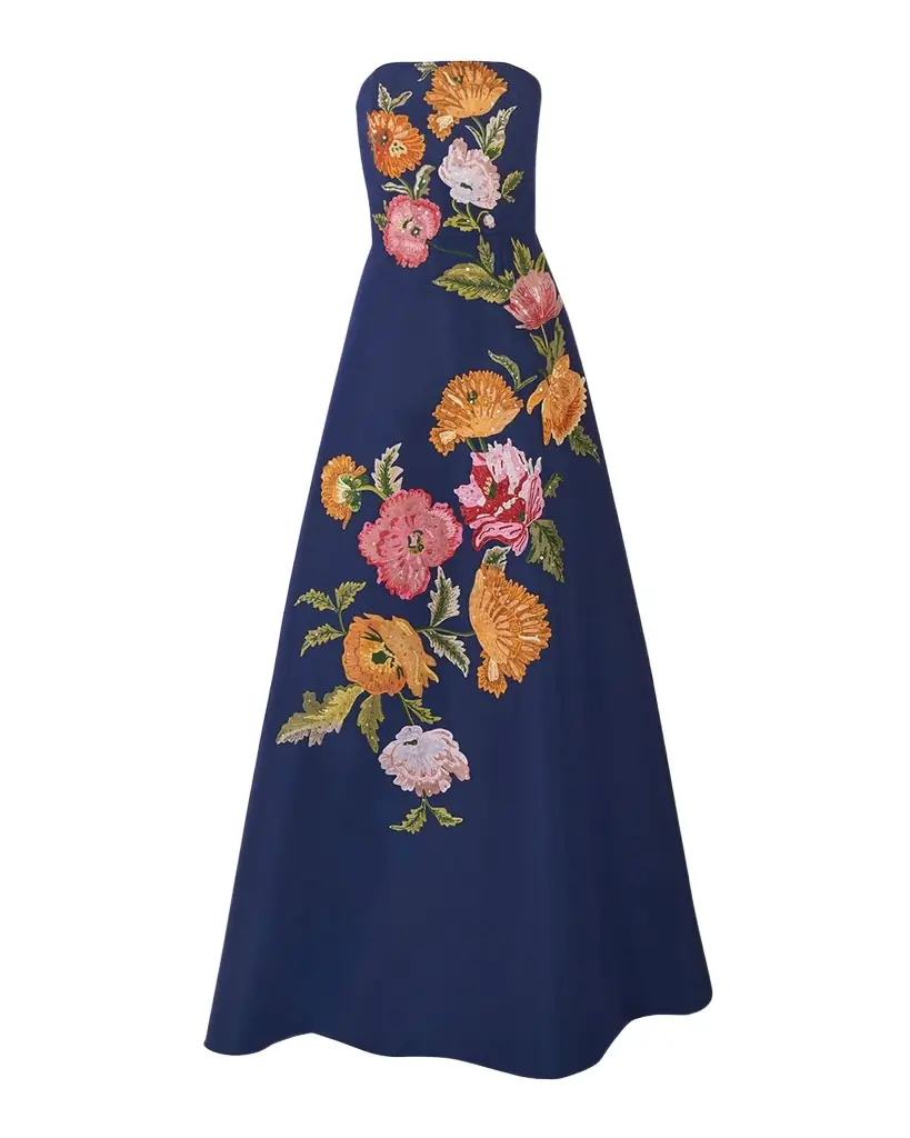 Carolina Herrera Strapless Floral Embroidered A-Line Gown