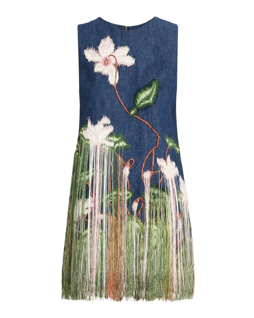 Oscar de la Renta Sleeveless Cyclamen Fringe Denim Mini Dress