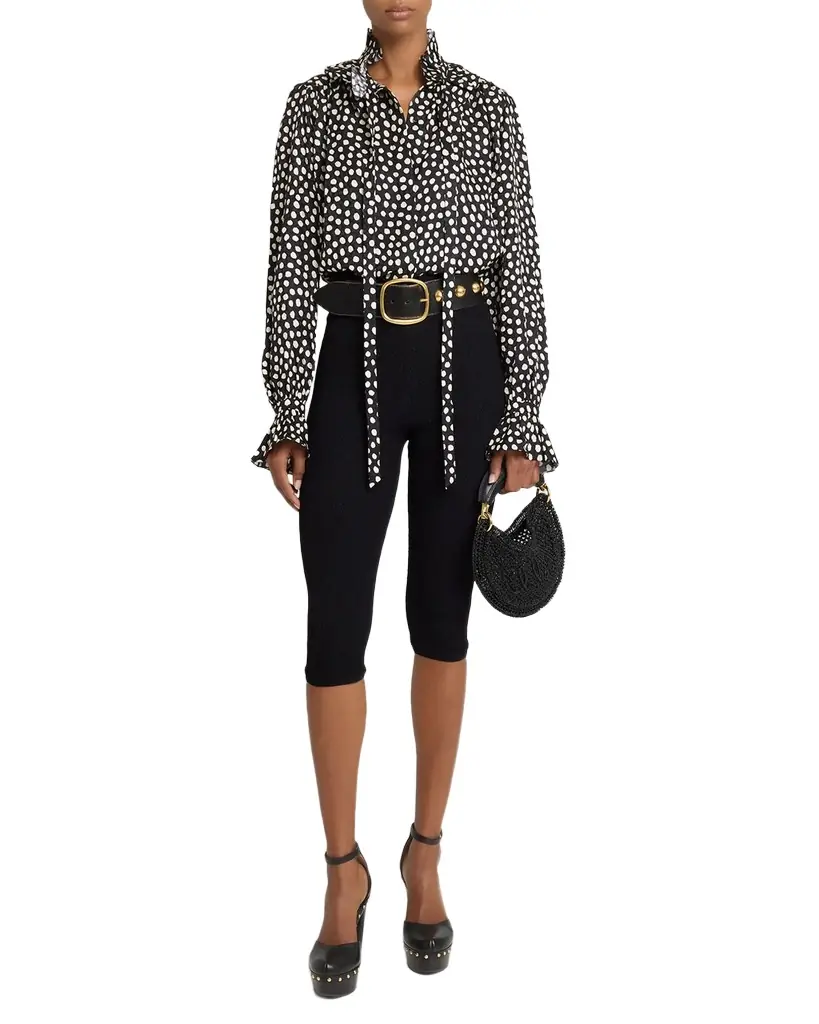 Chloe Dots-Print Silk Jacquard Ruffle Blouse