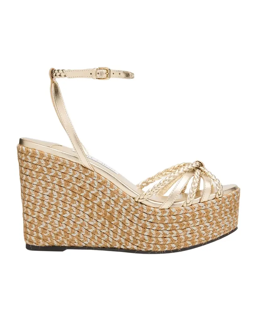Jimmy Choo 100mm Dree Metallic Leather Espadrille Wedge Sandals