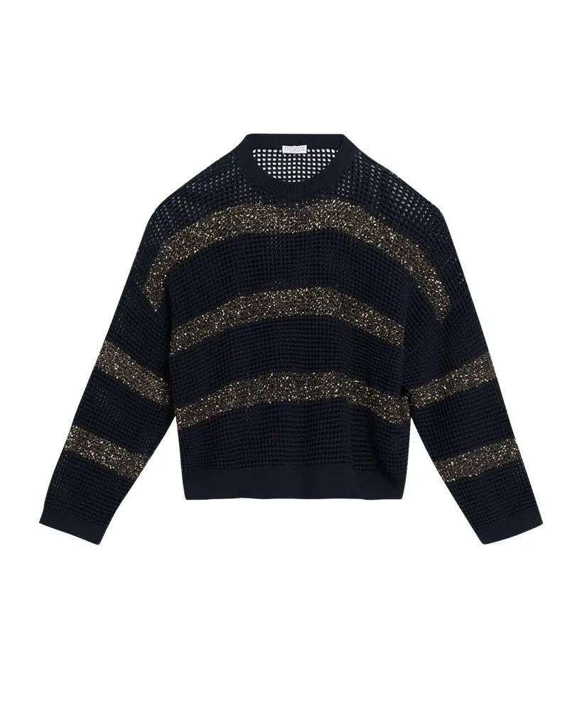 Brunello Cucinelli Pailette Striped Open-Knit Crewneck Sweater